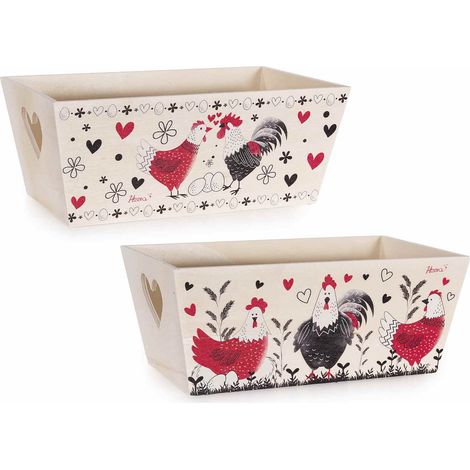 Paniers en bois imprimé poules colorées avec anses découpées en cœur, lot de 8, 20 x 12 x H. 8 cm