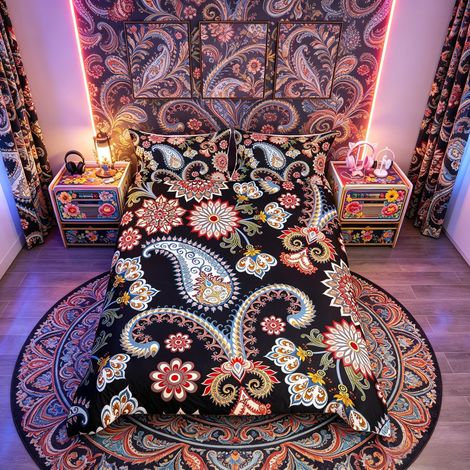 Parure de lit motif cachemire pour filles et garçons - Style bohème exotique - Housse de couette hippie mandala - Parure de lit et lin - Super king size - 3 pièces (1/4)