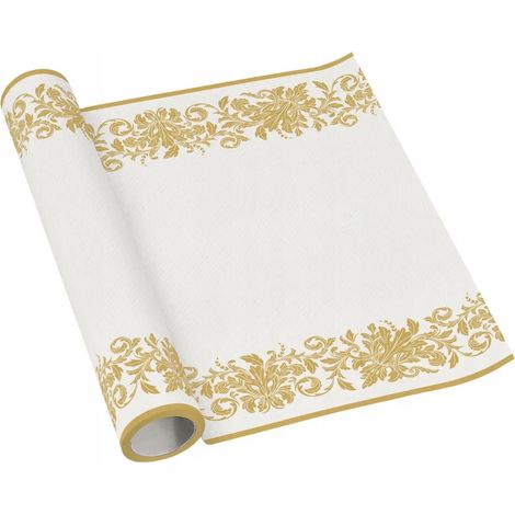 Runner da tavola in tessuto non tessuto con decorazioni bianche e dorate per Comunione e Battesimo, 40x500 cm