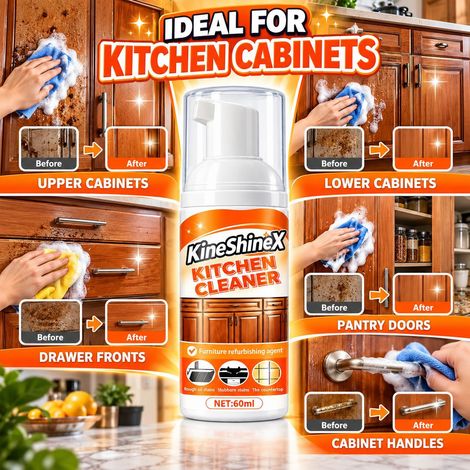 KineShineX Küchenschrankreiniger, Entfettungs- und Reinigungsschaumspray für Holzschränke an Küchenschranktüren (1/4)