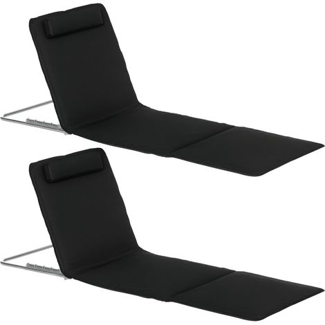 Outsunny Set of 2 Foldable Garden Beach Chair Mat Lightweight Outdoor Sun Lounger Seats Adjustable Back Metal Frame PE Fabric Head Pillow w/ Carry Bag, Black