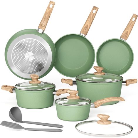 Ensemble de 12 pièces de vaisselle de cuisine verte avec couvercle en verre, ensemble de casseroles adapté à l'induction, revêtement antiadhésif sans PFAS (1/5)
