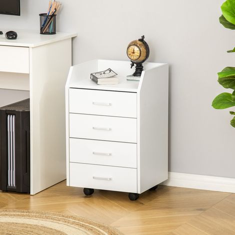 Caisson de bureau rangement sur roulettes 4 tiroirs coulissants MDF et panneaux de particules dimensions 40L x 36l x 65H cm blanc