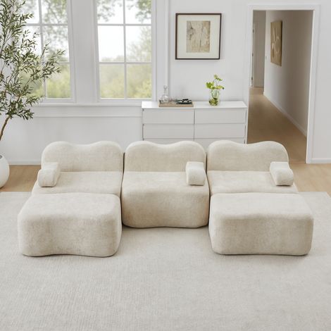 Canapé en U 3 places modulable sans armature, 2 poufs inclus, mousse 32D haute densité, forme vague, assise large, accoudoirs avec coussins déhoussables, salon beige