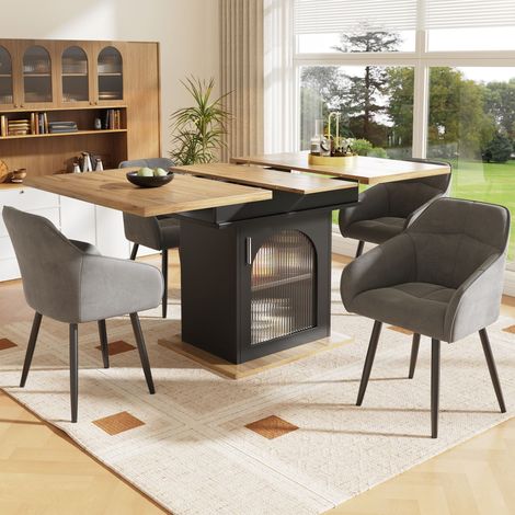Esszimmertische 140 cm, rechteckig, ausziehbar, mit Glastür, Metallgriff, Metallrahmen, Stauraum, Holzschreibtisch – Schwarz
