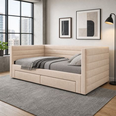 Cama tapizada extensible 3 en 1 90 x 190 cm beige con cajones y somier (1/5)