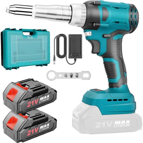 Riveteuse Sans Fil Compatible avec Makita 21V Batterie, Electrique Pistolet à Riveter avec 2 Batteries, 20,000N Pince à Rivets Sans Balais avec 3 Adaptateurs et Mallette de Transport