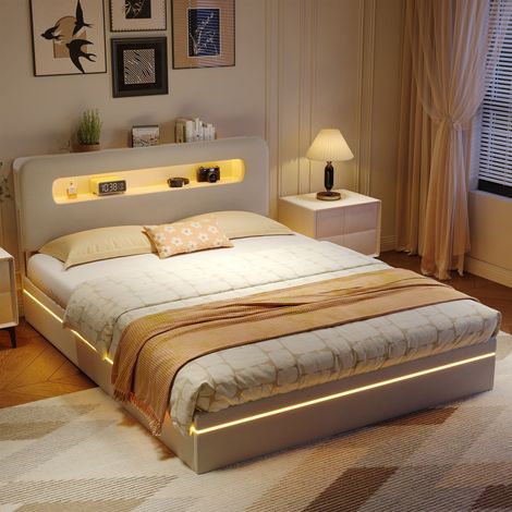 BLANKETSWARM - Lit coffre 160 x 200 cm, velours, lit double, lit capitonné avec éclairage LED RGB, lit adulte, gain de place, sommier à lattes, beige (1/5)