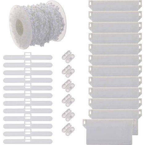 Store vénitien de 89 mm avec accessoires comprenant une chaîne à billes de 10 mètres, une plaque de base en 12 pièces, une double plaque de suspension en 12 pièces et 6 boucles à billes.