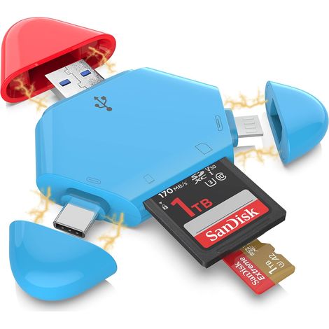 Lecteur de carte SD à capuchon magnétique triangulaire, lecteur de carte mémoire USB C vers micro SD, bleu et rouge.
