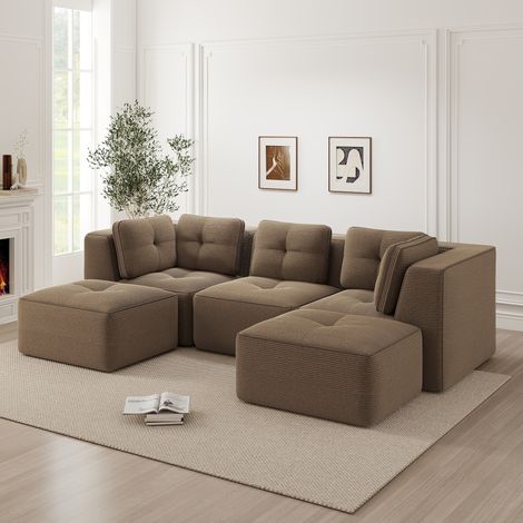 Canapé d'angle modulaire marron en velours côtelé avec assise profonde et modules reconfigurables (1/5)