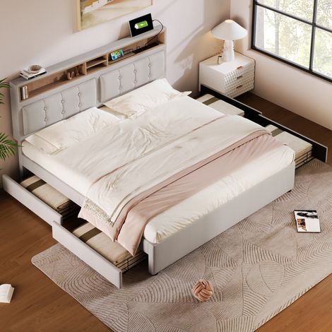 lit adulte rangement 140x200 lin beige tete reglable HAVRYA (1/5)