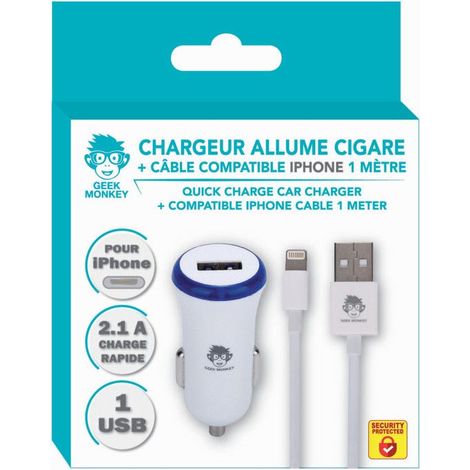 Chargeur allume-cigare - BLANC - 1 USB 2.1A - Compatible iPhone - Câble 1 mètre - Universel