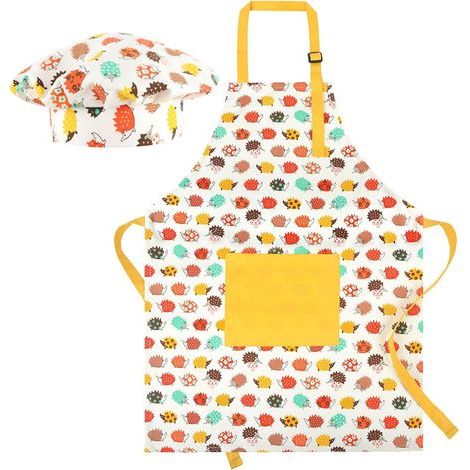 Adjustable Cotton Kids Apron, Kitchen Apron with Pocket, Painting Apron for Boy or Girl, Gardening Apron for 4-8 Year Old Kids (Yellow, set) (1/5)