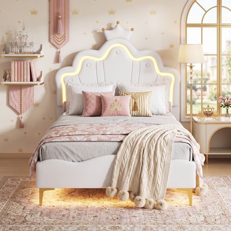 Superaly Lit Simple Rembourré 90x190 cm, Lit pour Enfant avec Lampe d'ambiance LED, Tête de Lit Réglable en Forme de Nuage avec Couronne, Lit pour Fille Princess Wind Design, Matériau PU, Blanc