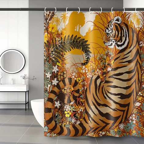 180 x 200 cm Duschvorhang mit 12 Haken, schnelltrocknend (Tiger), wasserdichtes Polyestergewebe, maschinenwaschbar, Badezimmervorhänge