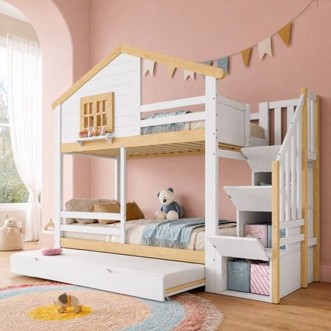 Litera infantil 90x200 cm con cama extraíble y escalera con almacenaje blanco y natural (1/5)