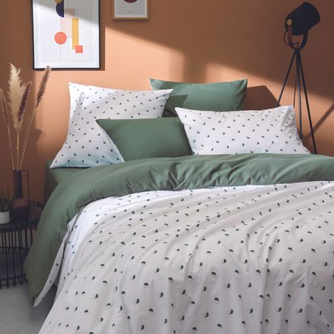 Parure de couette en percale de coton au style géométrique Vert Olive 240x220 cm (1/3)