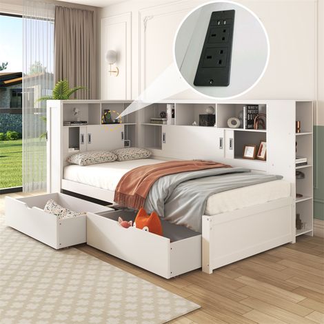 Platform Bed with Trundle & Bookcase & USB,Single Bed 90x190cm,Household Bed,with 2 Storage Drawers, Dust-proof Cabinet and Shelves,White (1/5)