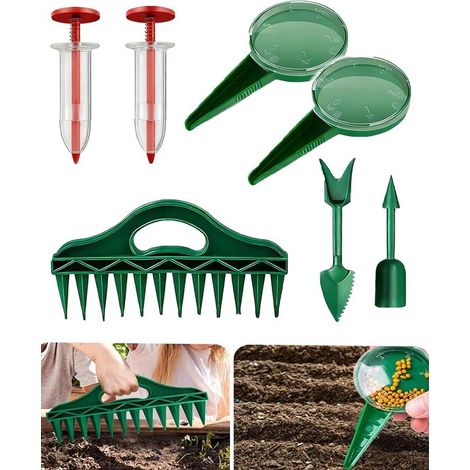Kit de semis 7 pièces – Semoir manuel à 12 trous avec distributeur de graines et outils de jardinage – Outils pour semis et multiplication – Pour potager légumes ferme et jardin – Vert (1/5)