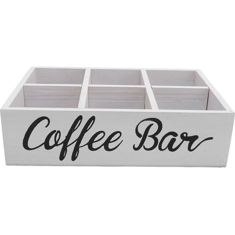 Organizzatore per angolo caffè con divisorio, scatola portaoggetti in legno per accessori da bar, porta bustine di tè bianco in stile rustico per piano di lavoro (1/5)