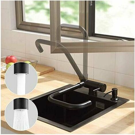 Folding Kitchen Faucet, Black, Folding Kitchen Faucet with 2 Nozzles to Choose From Under the Window, Kitchen Mixer with 360° Rotating Spout, Folding Sink Faucet in Front of the Wi(Black) (1/5)