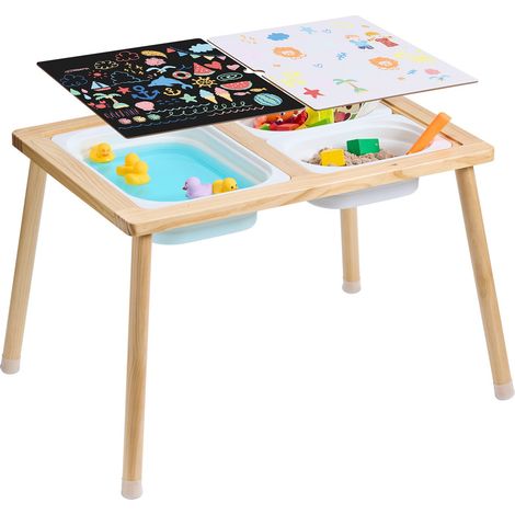 Table d'Activités pour Enfants, Table d'Exploration Sensorielle en Bois, Table d’Eau et de Sable avec 3 Bacs de Rangement et Tableau Double Face, Intérieure/Extérieure, pour Dessiner et Étudier (1/5)