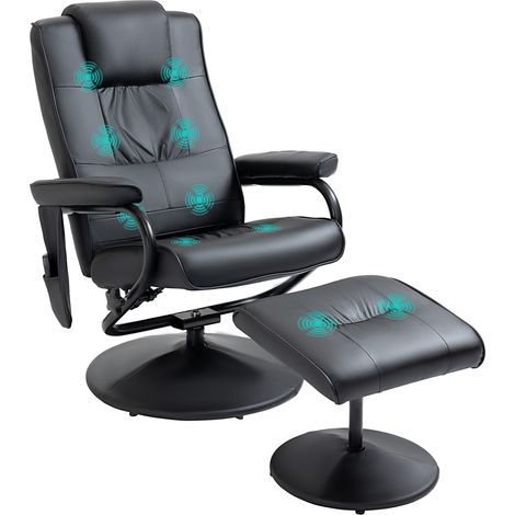 Swivel Recliner Chair and Footstool, Faux Leather Massage Recliner Armchair with Remote Control and Round Wrapped Base, Black