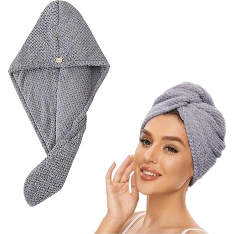 Turban Cheveux Microfibre Séchage Rapide,Serviette à Séchage Rapide,Bouton Fixation Serviette Absorbante,pour Tous Les Types de Cheveux(Gris 25 65cm) (1/5)