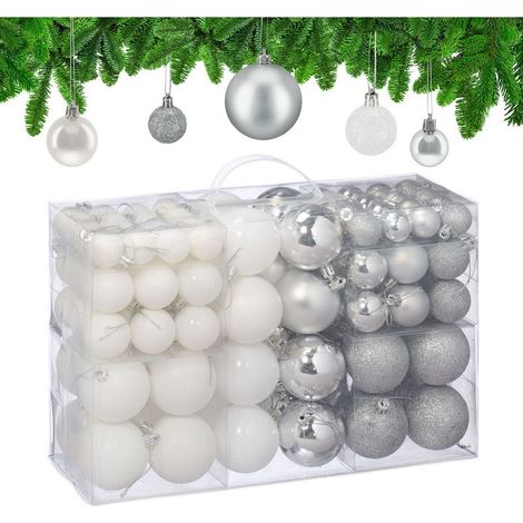 100 boules de Nol, mates, brillantes & pailletées, pour décorer le sapin, argentées & blanches (1/5)