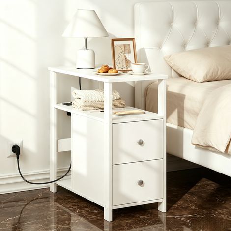 Mesa auxiliar estrecha con enchufe, 2 cajones y almacenaje, 60 x 30 x 60 cm, blanca DESVIAE (1/5)
