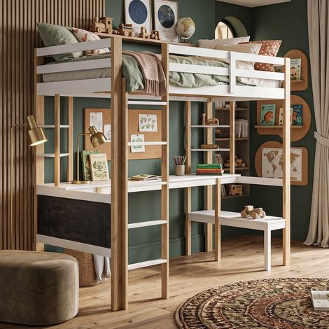 Creahappy Lit Mezzanine Enfant 90x200 cm - Gain de Place avec Bureau et Étagères - En Bois de Pin Blanc et Naturel - Structure Renforcée (1/5)