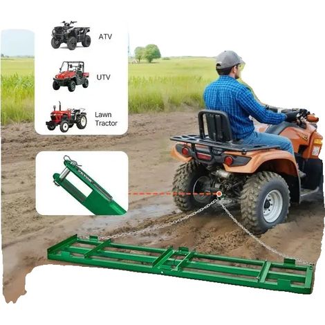 Râteau de nivellement de voie de garage remorquable, 2435 mm x 500 mm, barres et chaîne de 1830 mm, compatible avec Mtb et Utv, conception légère, construction en acier durable (1/5)
