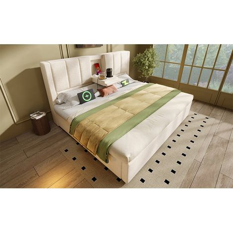 Lit coffre 160 x 200 cm en tissu lin beige avec rangements, support verre et recharge, sommier inclus, avec matelas (1/5)