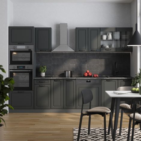 Küchenzeile R-Line, Anthrazit Landhaus/Anthrazit, 300 cm mit Hochschrank, AP Eiche, Vicco