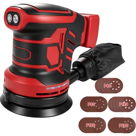 Ponceuse excentrique sans fil pour 18 V, 125 mm Ponceuse pour bois avec aspiration de poussière, 25 papiers abrasifs, 6 vitesses 21000 tr/min pour le travail du bois (Sans batterie) (1/5)