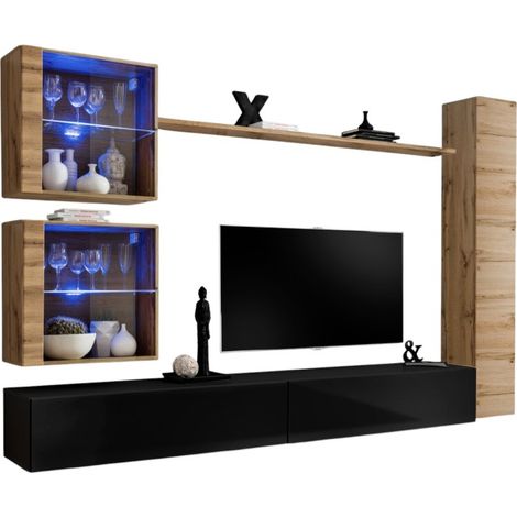 Composizione murale SWITCH XVIII mobile TV sospeso nero lucido e quercia Wotan