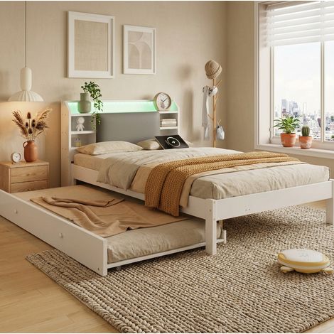 Letto 120x200 con letto estraibile e LED in legno OKMYHOME (1/5)