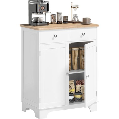 Bahut bas avec placard 2 portes, étagères réglables et 2 tiroirs, blanc et bois (1/5)