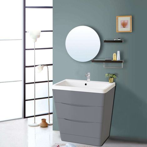 800mm Gloss Grey 2 Drawer Floor Standing Bathroom Cabinet Storage Furniture Vanity Sink Unit (1/5)