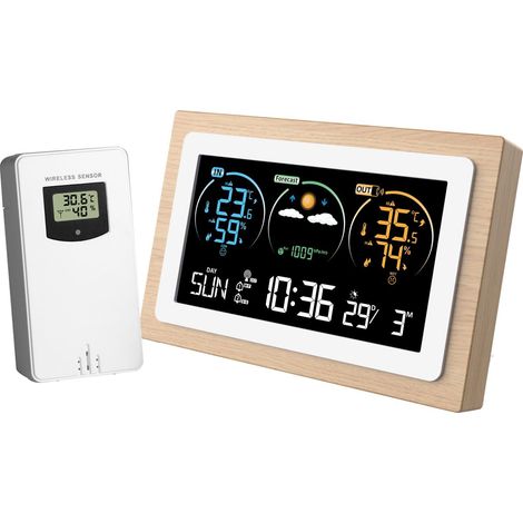 Station météo,FJ3399C Station météo intelligente avec horloge Mesure de la température et de l'humidité intérieure et extérieure Multifonctionnelle VA Grand écran couleur Horloge météo (1/5)