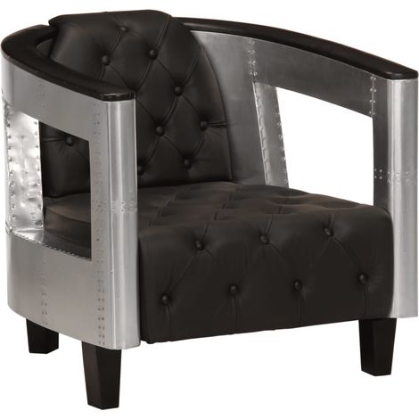 Vidaxl – Fauteuil club en cuir véritable noir – Accoudoirs en aluminium – Dimensions 73 x 67 x 69 cm – Confort optimal pour salon