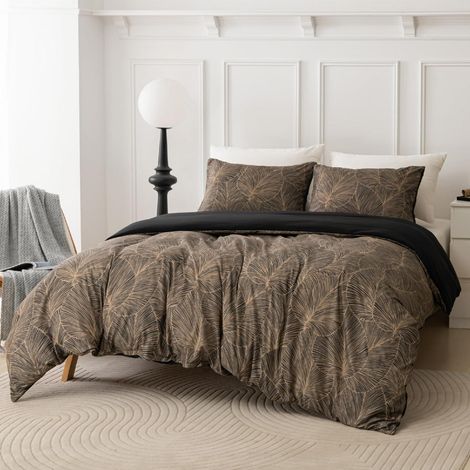 Ensemble de literie 155x220 cm 3 pièces microfibre motif feuilles, taupe/brun