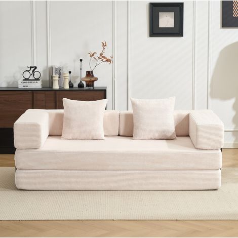 Sofá cama futón plegable (185x92.5x60 cm), convertible en cama y sofá, sin montaje, tejido de pana blanca (1/5)