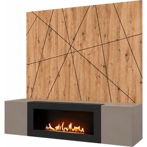 Ensemble meuble TV mural Xari G2-K avec cheminée bioéthanol - Bois MDF gris argile et chêne artisan - 160 x 158 x 40 cm - Livraison gratuite (1/3)