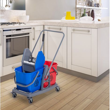 Carrello per pulizie 73x45x92 cm, con 2 secchi, strizzatore, 4 ruote, metallo blu (1/5)