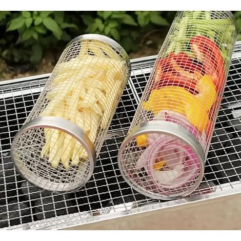 2 Grillkörbe aus Edelstahl Drehbarer Grillkorb aus Drahtgeflecht für Gemüse, Mais, Fisch und Fleisch Drehspieß-Grillkorb (1/4)