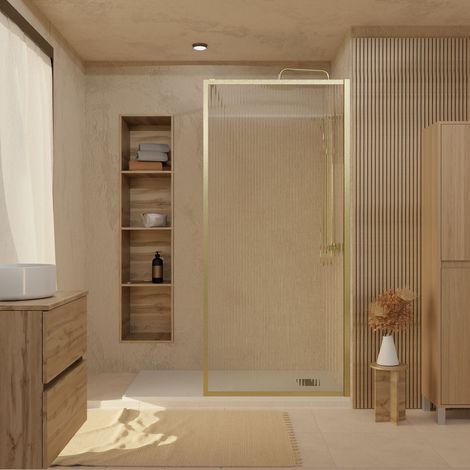 paroi de douche verre cannelé 6 mm - 120x200 cm - cadre et bras aluminium or doré brossé