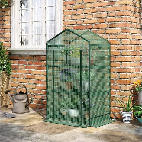 Serre de culture 69x49x125 cm verte en métal avec couverture PE UV, 3 étagères et porte enroulable (1/5)