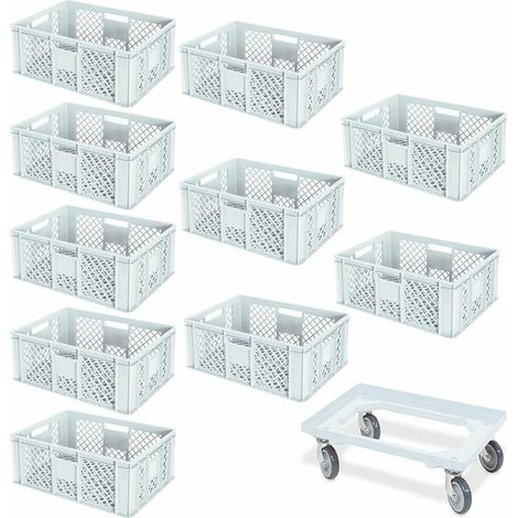 BRB Lot de 10 récipients empilables Euro Plus Chariot de transport 600 x 400 x 240 mm Qualité industrielle Blanc